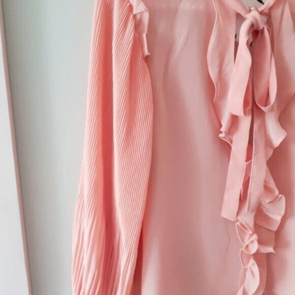 NWT Zara pink pleated sleeve self-tie detail ruffled sheer blouse S - Picture 5 of 5